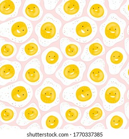 Seamless pattern with fun fried eggs smiling on a pink background. Cartoon character funny egg. Hand drawn background with food for a children healthy Breakfast. Design of print, textile, fabric