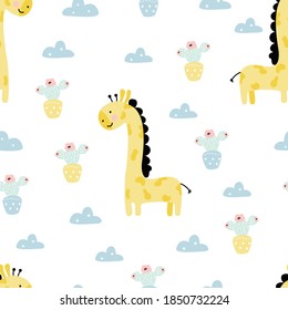 Seamless pattern with fun giraffe and cacti. Vector illustration with flowers, in a modern cartoon style, for printing on packaging paper, postcard, poster, banner, clothing. 