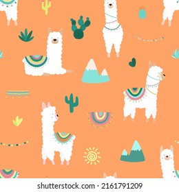 Seamless pattern of fun hand-drawn white llamas or alpacas, cacti, mountains, sun, garlands on an orange background. Illustration for children, room, textile, clothes, cards, wrapping paper.