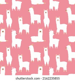 Seamless pattern of fun hand-drawn white llamas or alpacas on a pink background. Illustration for children, room, textile, clothes, cards, wrapping paper.