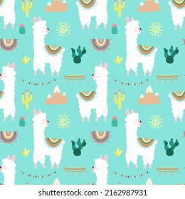 Seamless pattern of fun hand-drawn white llamas or alpacas, cacti, mountains, sun, garlands on a blue background. Illustration for children, room, textile, clothes, cards, wrapping paper.