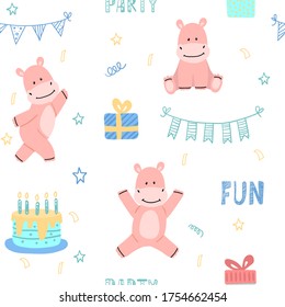Seamless pattern with fun hippos. Animals dance, jump on the holiday. Cartoon vector illustration.
