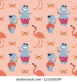 Children’s seamless pattern with fun hippos on vacation and flamingo. Vector background in cartoon style.