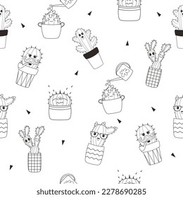 Seamless pattern of fun kawaii cactus outline