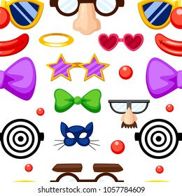 Seamless pattern of fun masks. Party Birthday photo booth props. Mustache, spectacles, bow tie and mouths in cartoon style. Vector illustration on white background.