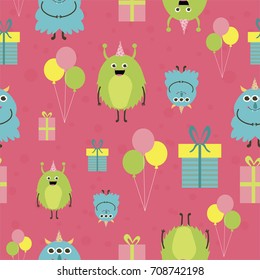 Seamless pattern with fun monsters. Vector illustration