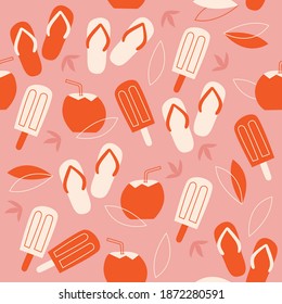 Seamless pattern. Fun print for the summer. Vector slippers, flip flop, coconut water, flowers and ice cream popsicles. It refers to the beach, rest and day off. Ideal for printing on fabric. Orange.