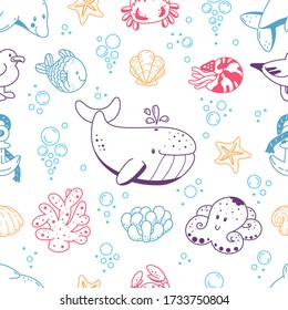 Nahtloses Muster mit lustigen Meerestieren - Wal, Delphin, Oktopus, Seagull, Seestern, Fisch und Bläschen. Mehrfarbiger Vektorhintergrund für die Textil-, Verpackungs- und Kinderprodukte.