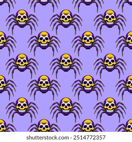 Seamless pattern with fun skull with spider legs on lilac background.