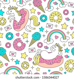 Seamless pattern with fun unicorns in donuts. Vector cartoon style cute character on white background