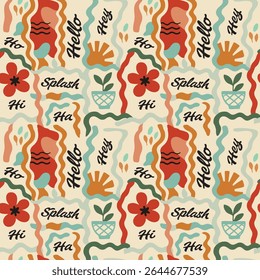 Seamless pattern with fun words, abstract shapes and doodles. A vibrant, retro collage with 'Hello' and 'Splash' creates a playful, conversational print for upbeat decor and fashion