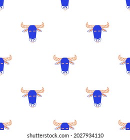 Seamless pattern with funky bull faces. Cartoon Chinese zodiacs. Animal fabric design, wallpaper or background. 