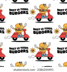 Seamless pattern with funky cartoon Characters Burgers, Pizza, Drink and other elements in groovy style. Retro hippie background for delivery service and burger cafe. Vector vintage illustration.