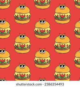 Seamless pattern with funky cartoon Characters Burgers, Pizza, Drink and other elements in groovy style. Retro hippie background for delivery service and burger cafe. Vector vintage illustration.