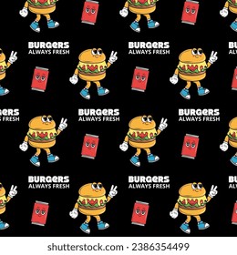 Seamless pattern with funky cartoon Characters Burgers, Pizza, Drink and other elements in groovy style. Retro hippie background for delivery service and burger cafe. Vector vintage illustration.