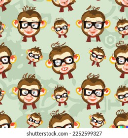 Seamless pattern of funky monkeys with glasses, a soft brown and green color combination