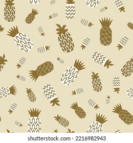 A seamless pattern of funky ornamental pineapples in pastel yellow and brown tones