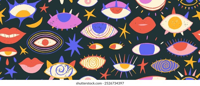 Seamless pattern with funky psychedelic eyes and women lips. Cartoon style eyes background with stars and crayon texture. Hand drawn punk girly style colorful pattern. Crazy funky elements.