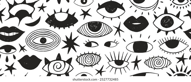 Seamless pattern with funky psychedelic eyes, women lips and stars. Hand drawn eyes punk background with stars and crayon texture. Crayon drawn punk girly style seamless pattern. Crazy funky elements.