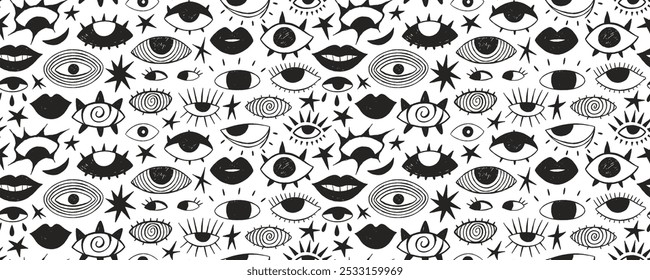 Seamless pattern with funky psychedelic eyes, women lips and stars. Hand drawn eyes punk background with stars and crayon texture. Crayon drawn punk girly style seamless pattern. Crazy funky elements.