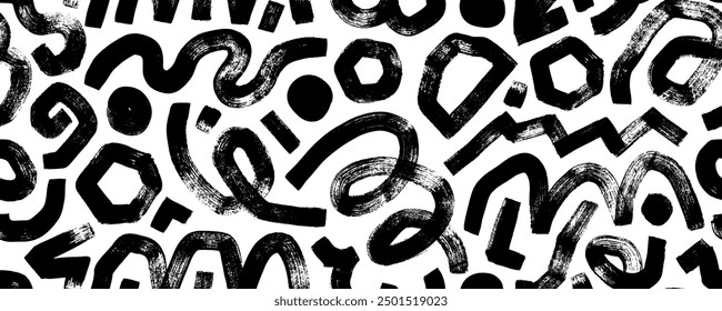 Seamless pattern with funky squiggle lines and curly strokes in grunge punk style. Hand drawn bold doodle shapes. Seamless banner design in abstract geometric style with grunge rough figures.