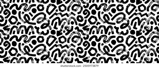 Patrón sin fisuras con líneas de squiggle funky y trazos rizados en estilo punk grunge. Formas de doodle atrevidas dibujadas a mano. Diseño de Anuncio sin fisuras en estilo geométrico abstracto con figuras ásperas grunge.