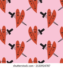 Seamless pattern funky ugly Valentines heart, bloody knife. Boho doodle modern print funny handdrawn childish art. Vector EPS and JPG.