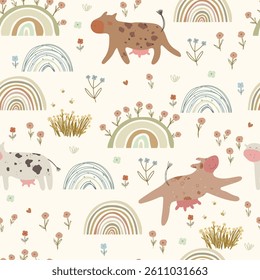 Seamless pattern with funn cows, flowers and rainbows. Vector illustration with animals , creative kids hand drawn texture for fabric, wrapping, textile, wallpaper.