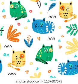 Seamless pattern with funny abstract multi-colored cats and flowers in cartoon style. Vector illustration.