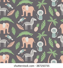 Seamless pattern with funny African animals and plants. Vector illustration.