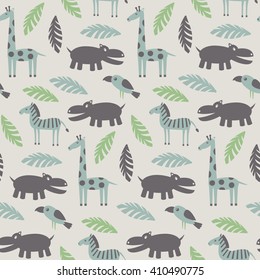Seamless pattern with funny African animals and plants. Vector illustration.