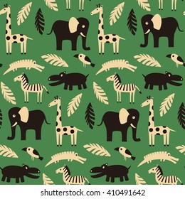 Seamless pattern with funny African animals and plants. Vector illustration.