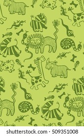 seamless pattern of funny african animals, zebra, giraffe, lion, tiger, snake, bone, skeleton, rhino, pig