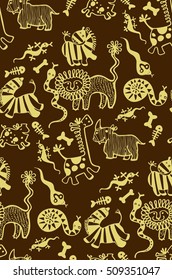 seamless pattern of funny african animals, zebra, giraffe, lion, tiger, snake, bone, skeleton, rhino, pig