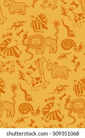 seamless pattern of funny african animals, zebra, giraffe, lion, tiger, snake, bone, skeleton, rhino, pig