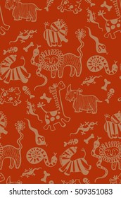 seamless pattern of funny african animals, zebra, giraffe, lion, tiger, snake, bone, skeleton, rhino, pig