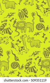 seamless pattern of funny african animals, zebra, giraffe, lion, tiger, snake, bone, skeleton, rhino, pig