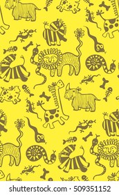 seamless pattern of funny african animals, zebra, giraffe, lion, tiger, snake, bone, skeleton, rhino, pig