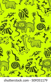 seamless pattern of funny african animals, zebra, giraffe, lion, tiger, snake, bone, skeleton, rhino, pig