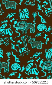 seamless pattern of funny african animals, zebra, giraffe, lion, tiger, snake, bone, skeleton, rhino, pig