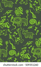 seamless pattern of funny african animals, zebra, giraffe, lion, tiger, snake, bone, skeleton, rhino, pig