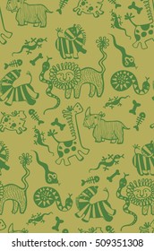 seamless pattern of funny african animals, zebra, giraffe, lion, tiger, snake, bone, skeleton, rhino, pig