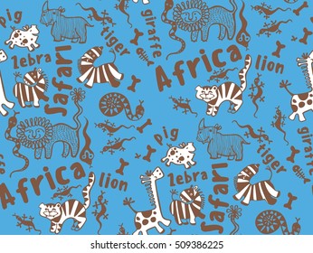 seamless pattern of funny african animals, zebra, giraffe, lion, tiger, snake, bone, skeleton, rhino, pig