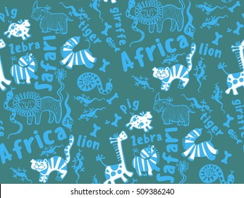seamless pattern of funny african animals, zebra, giraffe, lion, tiger, snake, bone, skeleton, rhino, pig