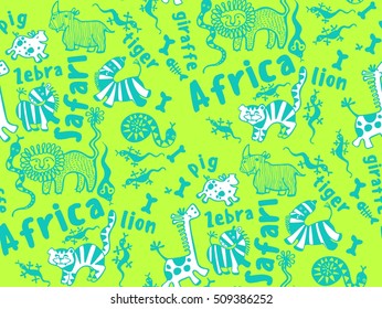 seamless pattern of funny african animals, zebra, giraffe, lion, tiger, snake, bone, skeleton, rhino, pig