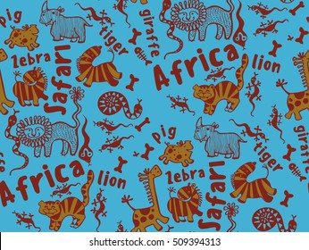 seamless pattern of funny african animals, zebra, giraffe, lion, tiger, snake, bone, skeleton, rhino, pig