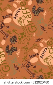 seamless pattern of funny african animals, zebra, giraffe, lizard