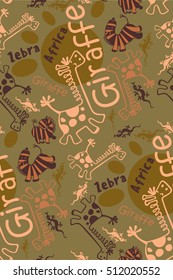 seamless pattern of funny african animals, zebra, giraffe, lizard