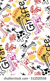 seamless pattern of funny african animals, zebra, giraffe, lizard