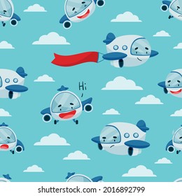 Seamless pattern with a funny airplane in the sky. Light blue background. The clouds. A waving flag. Vector illustration